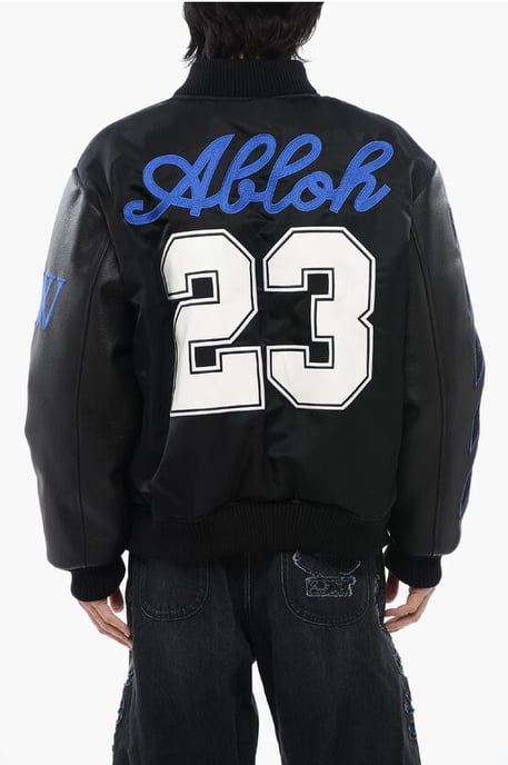 Chaqueta bomber BASEBALL LEA con mangas de cuero y parche del logotipo en negro - Image 2