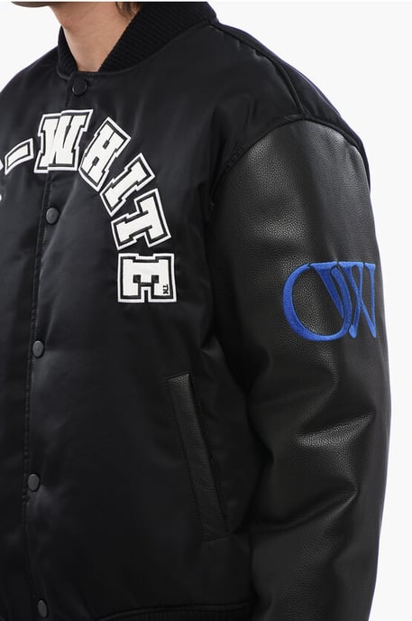 Chaqueta bomber BASEBALL LEA con mangas de cuero y parche del logotipo en negro - Image 3