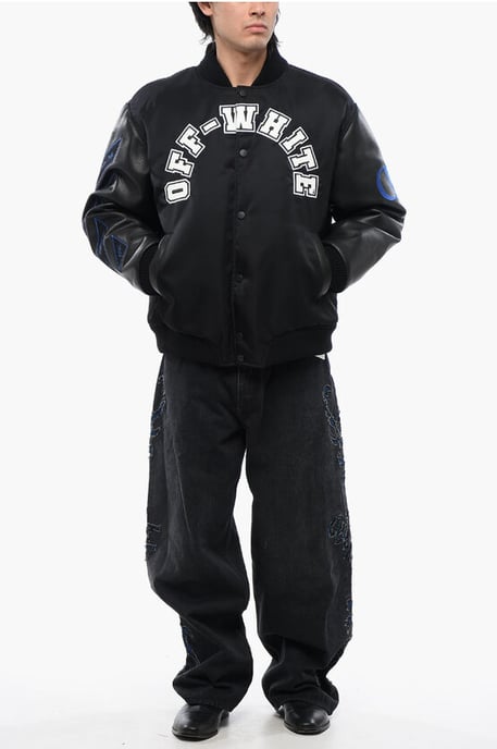 Chaqueta bomber BASEBALL LEA con mangas de cuero y parche del logotipo en negro - Image 4