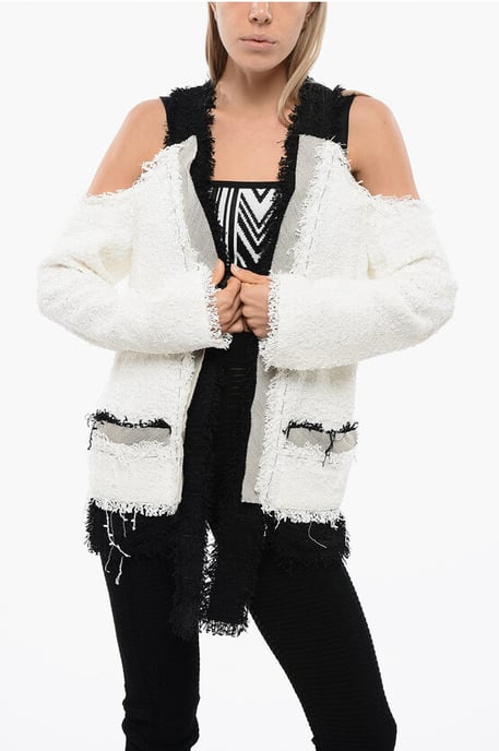 Blazer de tweed con hombros descubiertos y bajos en contraste en blanco y negro - Image 1