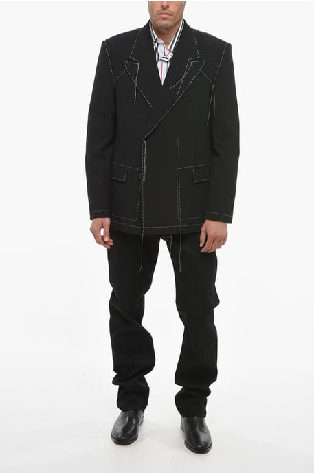 Blazer cruzado de mezcla de lana con costuras visibles en negro - Image 4