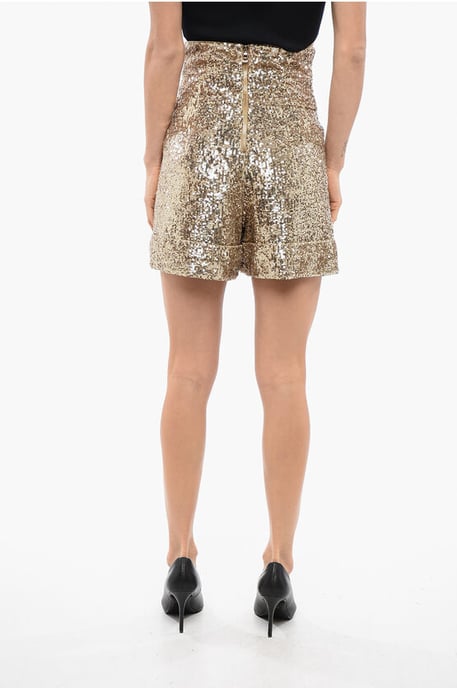 Shorts dorados de cintura alta con lentejuelas y doble pliegue - Image 2