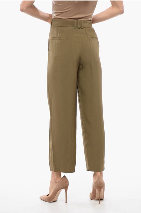 Pantalones de viscosa de corte cónico con pliegues simples en verde militar - Image 2