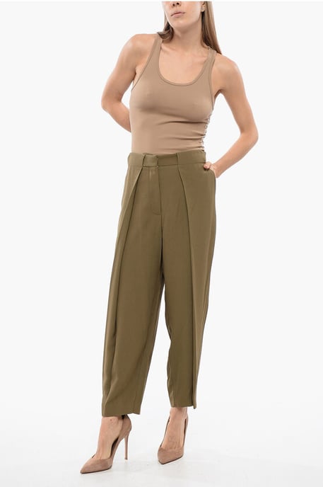 Pantalones de viscosa de corte cónico con pliegues simples en verde militar - Image 4
