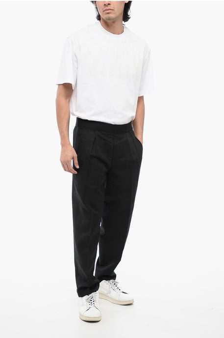 Pantalones de mezcla de lino de corte cónico con doble pliegue en negro - Image 4