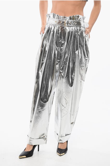 Pantalones holgados de cintura alta con pliegues y efecto metalizado en color plata - Image 1