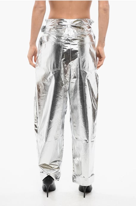 Pantalones holgados de cintura alta con pliegues y efecto metalizado en color plata - Image 2