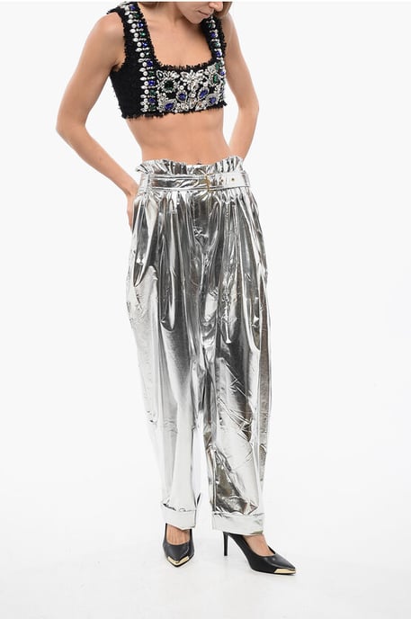 Pantalones holgados de cintura alta con pliegues y efecto metalizado en color plata - Image 4