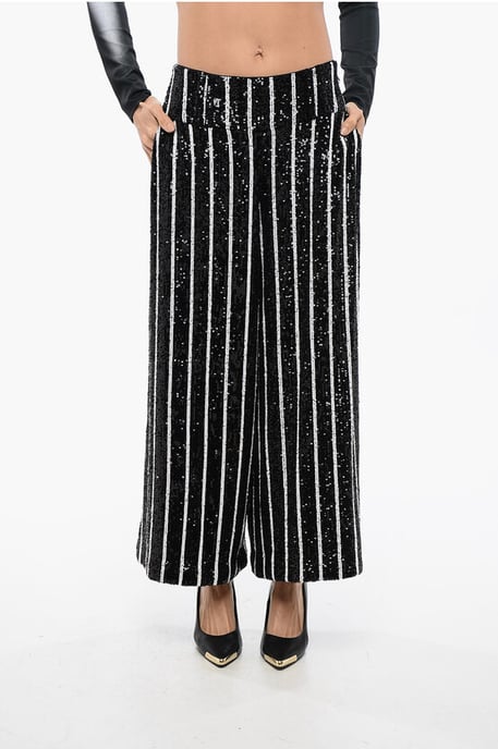 Pantalones de cintura alta con rayas y lentejuelas en blanco y negro - Image 1
