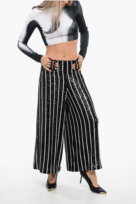 Pantalones de cintura alta con rayas y lentejuelas en blanco y negro - Image 4