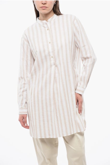 Blusa de mezcla de algodón orgánico con pliegues delanteros en beige y blanco - Image 1