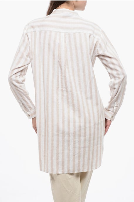 Blusa de mezcla de algodón orgánico con pliegues delanteros en beige y blanco - Image 2