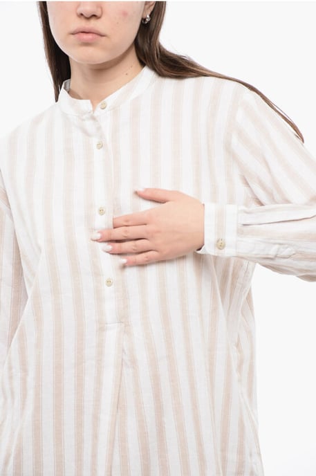 Blusa de mezcla de algodón orgánico con pliegues delanteros en beige y blanco - Image 3