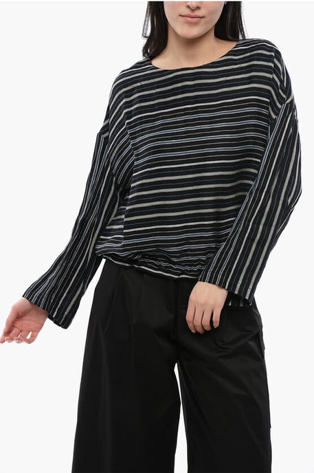 Blusa de lino de rayas equilibradas VARSITY en mezcla negra - Image 1