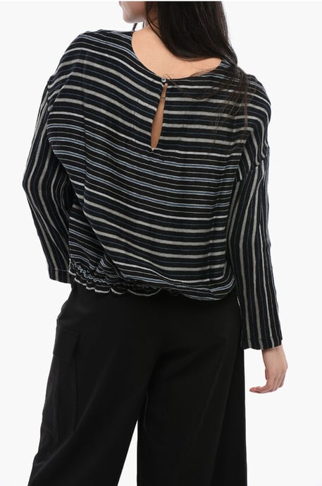 Blusa de lino de rayas equilibradas VARSITY en mezcla negra - Image 2
