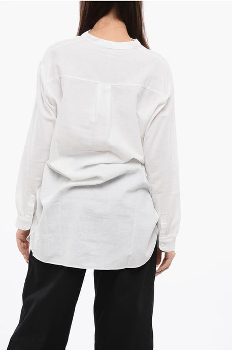 Blusa larga de mezcla de lino con cuello mandarín en color blanco - Image 2