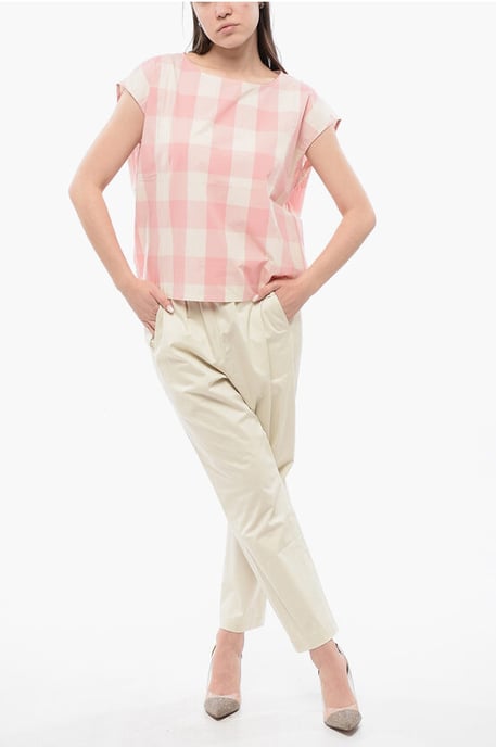 Blusa sin mangas de algodón a cuadros con cordón ajustable en blanco y rosa - Image 4