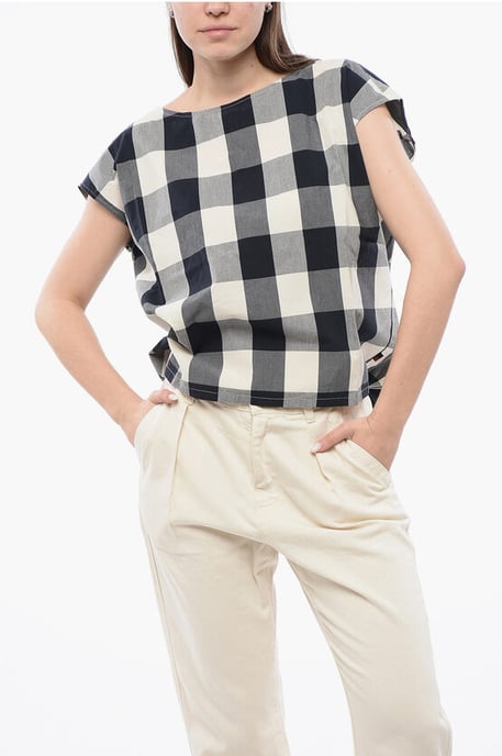Blusa sin mangas de algodón a cuadros con cordón ajustable en blanco, azul y gris - Image 1