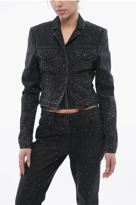 Chaqueta vaquera recortada con brillantes y pedrería en negro - Image 1