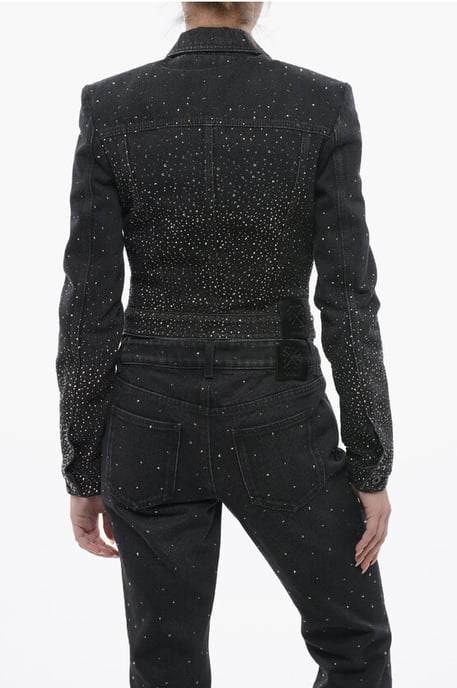 Chaqueta vaquera recortada con brillantes y pedrería en negro - Image 2