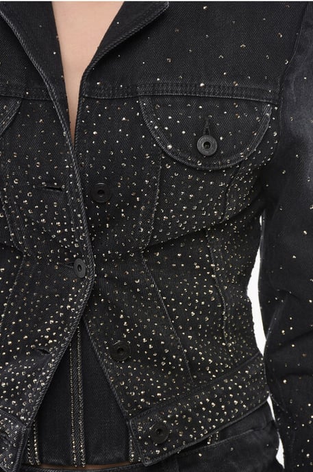Chaqueta vaquera recortada con brillantes y pedrería en negro - Image 3