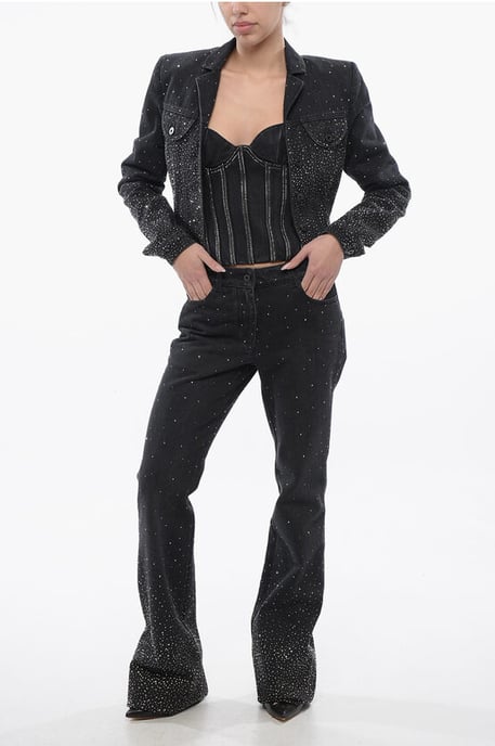 Chaqueta vaquera recortada con brillantes y pedrería en negro - Image 4