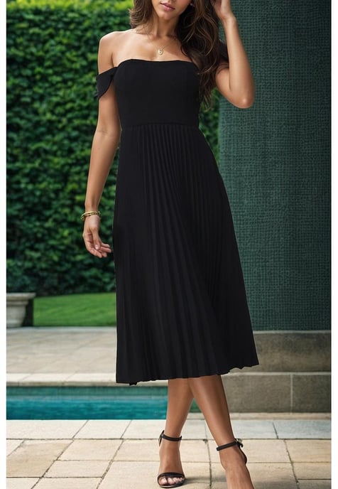 Vestido midi con pliegues y hombros al aire Perfee para mujer - Image 1