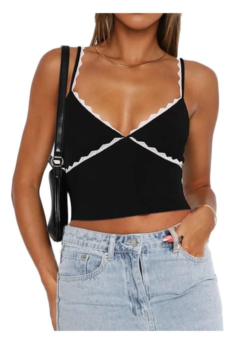Camiseta sin mangas con detalles de encaje y traba de contraste para mujer - Image 1