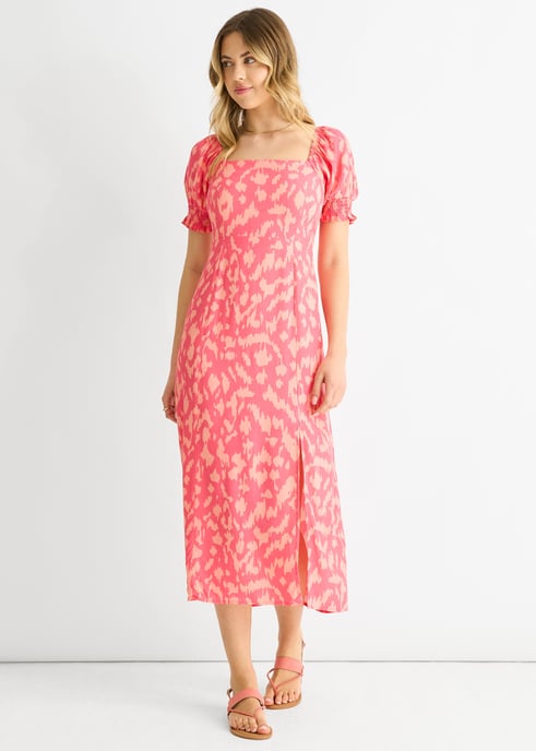 Vestido midi de viscosa con cuello cuadrado y estampado animal rosa - Image 3