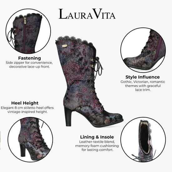 Botas altas de tacón de cuero victoriano gótico para mujer Laura Vita Alcbane 0351 con diseño floral violeta - Image 2