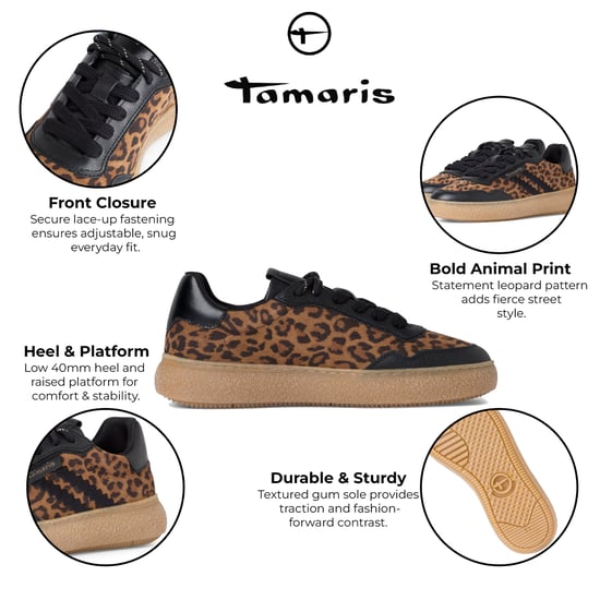 Zapatillas Tamaris de piel negra con estampado de leopardo y cordones para mujer - Image 2
