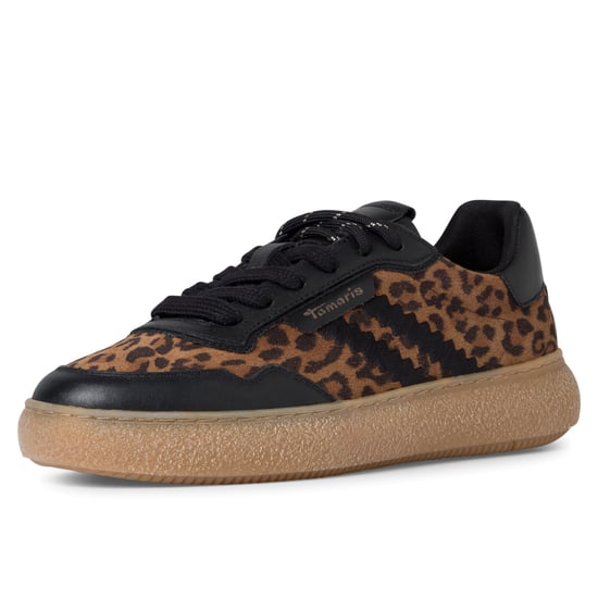 Zapatillas Tamaris de piel negra con estampado de leopardo y cordones para mujer - Image 3