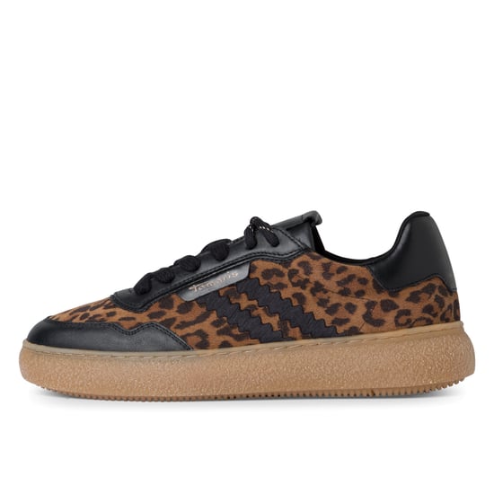 Zapatillas Tamaris de piel negra con estampado de leopardo y cordones para mujer - Image 4