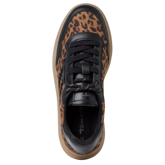 Zapatillas Tamaris de piel negra con estampado de leopardo y cordones para mujer - Image 5