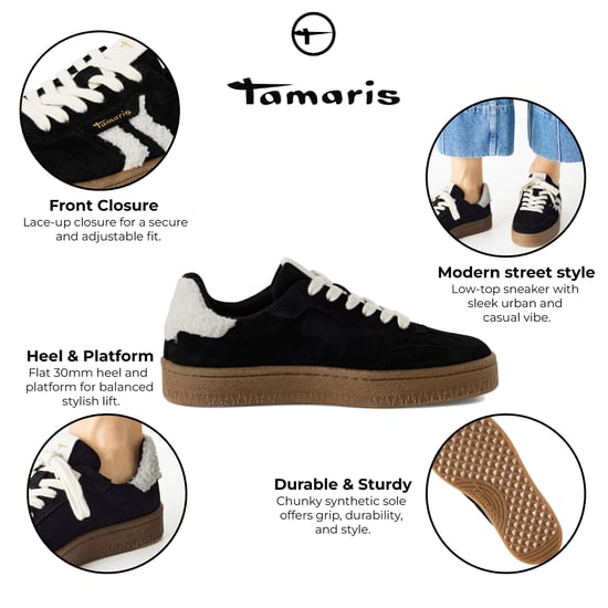 Zapatillas Tamaris para mujer de piel de ante y piel en blanco y negro con cordones - Image 2