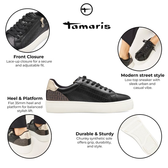 Zapatillas Tamaris para mujer de piel sintética negra y dorada con cordones - Image 2