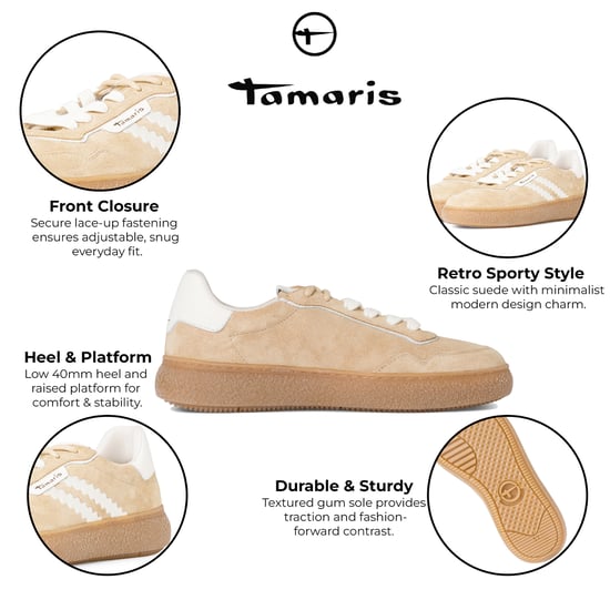 Zapatillas Tamaris para mujer de cuero beige y blanco con cordones y rayas - Image 2