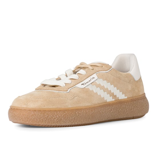 Zapatillas Tamaris para mujer de cuero beige y blanco con cordones y rayas - Image 3