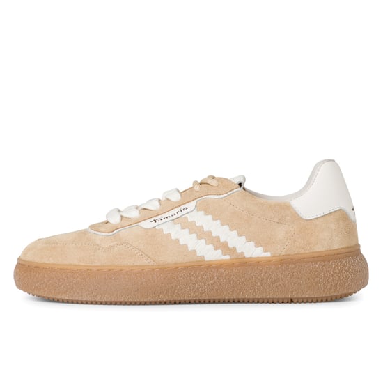 Zapatillas Tamaris para mujer de cuero beige y blanco con cordones y rayas - Image 4