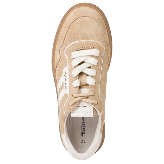 Zapatillas Tamaris para mujer de cuero beige y blanco con cordones y rayas - Image 5