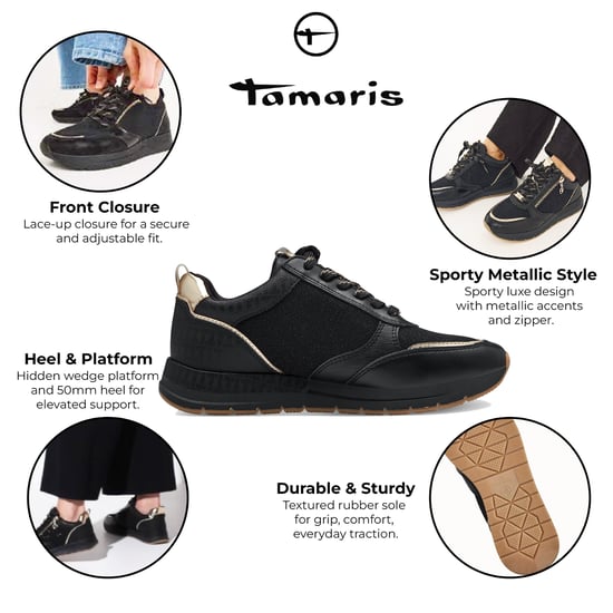 Zapatillas deportivas Tamaris para mujer, con cordones, cremallera y diseño moderno en negro y dorado - Image 2