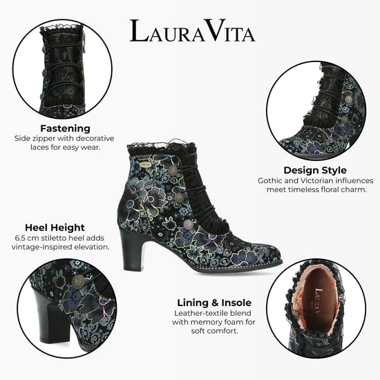 Botas de tacón de tobillo de cuero victoriano gótico para mujer Laura Vita Elcodieo 224 con diseño floral azul - Image 2