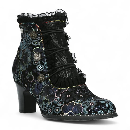 Botas de tacón de tobillo de cuero victoriano gótico para mujer Laura Vita Elcodieo 224 con diseño floral azul - Image 3
