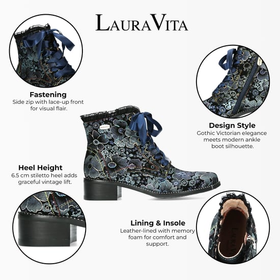 Botas de tacón de cuero victoriano gótico para mujer Laura Vita Emcmao-45 con diseño floral azul - Image 2