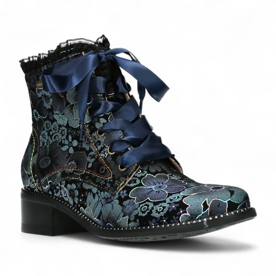 Botas de tacón de cuero victoriano gótico para mujer Laura Vita Emcmao-45 con diseño floral azul - Image 3