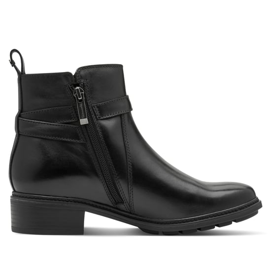 Botines moteros Tamaris de piel negra con hebilla y cremallera para mujer - Image 1