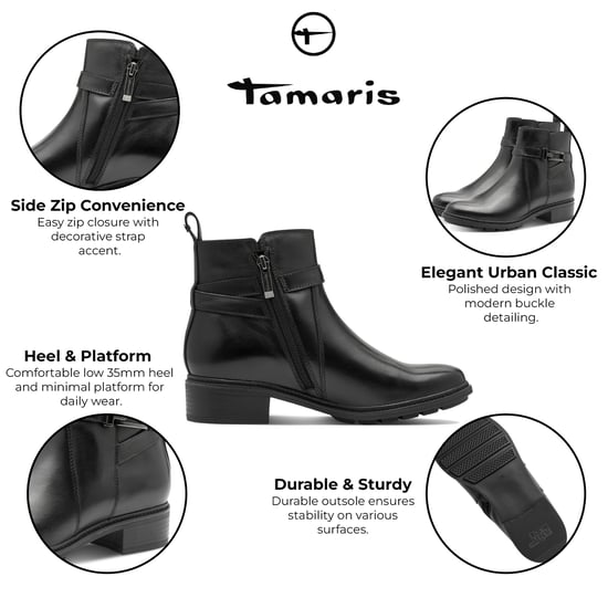 Botines moteros Tamaris de piel negra con hebilla y cremallera para mujer - Image 2
