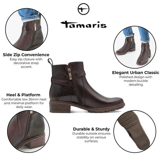 Botines moteros Tamaris para mujer de piel marrón moca con hebilla y cremallera - Image 2
