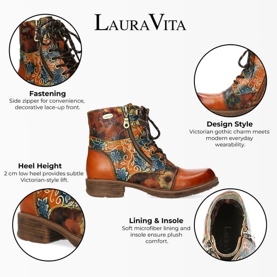 Botines victorianos góticos de cuero con diseño floral en marrón camel de Laura Vita Anita 006 para mujer - Image 2