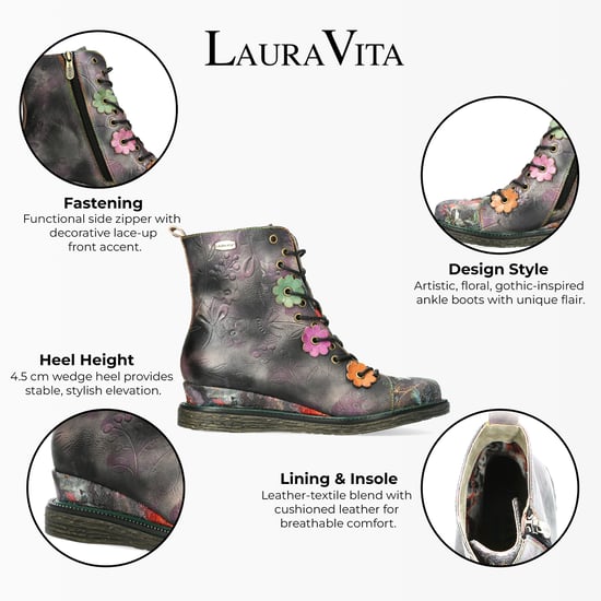 Botas de tacón de tobillo de cuero victoriano gótico para mujer Laura Vita Ercnaulto 212 con diseño floral gris - Image 2